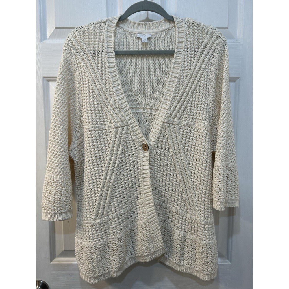 J. Jill Ivory Open Crochet Knit Cardigan Sz XL Single Button V Neck Cottagecore
